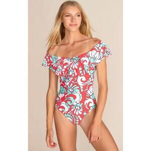 Trina Turk NEW Garden Bloom Off the Shoulder Poppy Orange One Piece Swim size 2